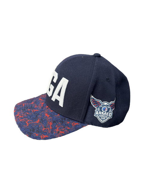 Navy Hat W/ White Lettering Camo Bill