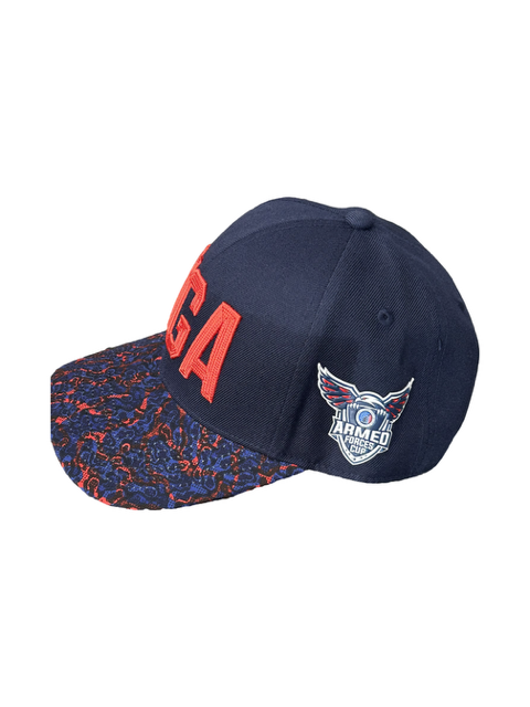 Navy Hat W/ Red Lettering Camo Bill